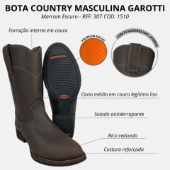 Bota Country Masculina Garotti Bico Redondo Cano Médio Couro Crazy Horse/Café Bournet - Sola Preta REF: 307 COD: 1510