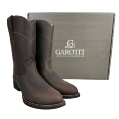 Bota Country Masculina Garotti Bico Redondo Cano Médio Couro Crazy Horse/Café Bournet - Sola Preta REF: 307 COD: 1510