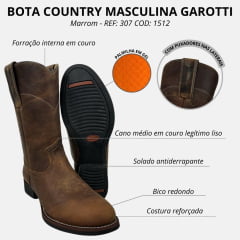 Bota Country Masculina Garotti Bico Redondo Cano Médio Couro Excalibur Red Brown - Sola Preta REF: 307 COD: 1512