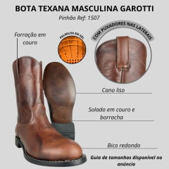 Bota Country Masculina Garotti Bico Redondo Couro Vitelo Pinhão Sola:1038 Preto Ref: 307- Cod:1507