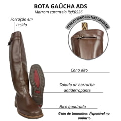 Bota Gaúcha ADS Bico Quadrado Couro Liso Café Escuro Solado Gel Marrom Ref:0536