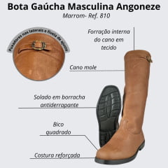 Bota Gaúcha Masculina Angoneze Campeira Costurada Bico Quadrado Couro Graxo Marrom Com Sola Preta Ref:810