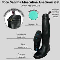 Bota Gaúcha Masculina Antômic Gel Bico Quadrado Floater Preto/Cost Preto Sola Milão Preta/Azul Ref;7700-U0001-1