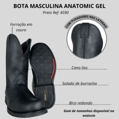 Bota Masculina Anatomic Gel Confort Couro Mustang Preto/Cost Preto Sola Magnum Preta/Vermelho Ref:4590