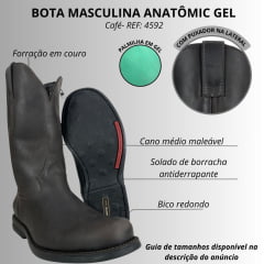 Bota Masculina Anatomic Gel Texana Conforto Advance Com Zíper Couro Mustang Brown Cost Café Ref:4592