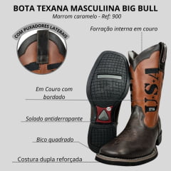 Bota Masculina Big Bull Boots Couro Floater Marrom Caramelo Bico Quadrado Com Bordado USA 1776- Ref:900