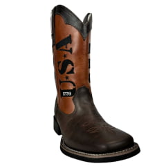 Bota Masculina Big Bull Boots Couro Floater Marrom Caramelo Bico Quadrado Com Bordado USA 1776- Ref:900