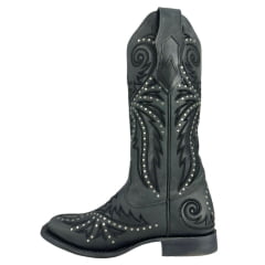 Bota Texana Feminina Goyazes Bico Quadrado Couro Dallas Marinho Com Bordado Preto Tachinhas Prata Ref:253204-CC