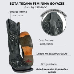 Bota Texana Feminina Goyazes Bico Quadrado Couro Dallas Marinho Com Bordado Preto Tachinhas Prata Ref:253204-CC