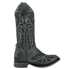 Bota Texana Feminina Goyazes Bico Quadrado Couro Dallas Marinho Com Bordado Preto Tachinhas Prata Ref:253204-CC
