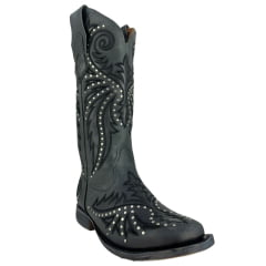 Bota Texana Feminina Goyazes Bico Quadrado Couro Dallas Marinho Com Bordado Preto Tachinhas Prata Ref:253204-CC