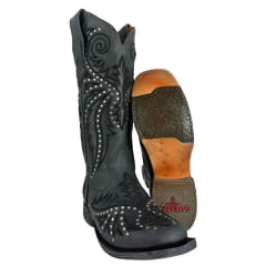 Bota Texana Feminina Goyazes Bico Quadrado Couro Dallas Marinho Com Bordado Preto Tachinhas Prata Ref:253204-CC