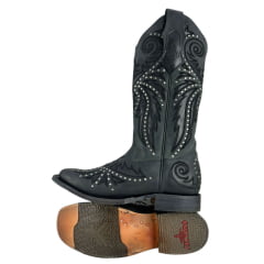 Bota Texana Feminina Goyazes Bico Quadrado Couro Dallas Marinho Com Bordado Preto Tachinhas Prata Ref:253204-CC