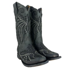 Bota Texana Feminina Goyazes Bico Quadrado Couro Dallas Marinho Com Bordado Preto Tachinhas Prata Ref:253204-CC