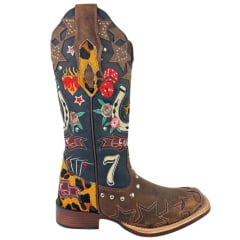 Bota Texana Feminina Goyazes Bico Quadrado Power Couro Dakar Café/Dallas Marinho Bordados Coloridos Ref:263201-CP-01