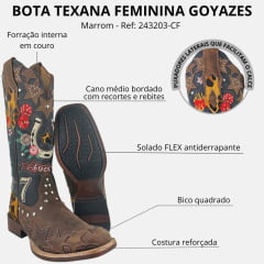 Bota Texana Feminina Goyazes Bico Quadrado Power Couro Dakar Café/Dallas Marinho Bordados Coloridos Ref:263201-CP-01