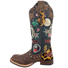 Bota Texana Feminina Goyazes Bico Quadrado Power Couro Dakar Café/Dallas Marinho Bordados Coloridos Ref:263201-CP-01