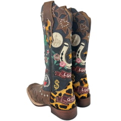 Bota Texana Feminina Goyazes Bico Quadrado Power Couro Dakar Café/Dallas Marinho Bordados Coloridos Ref:263201-CP-01