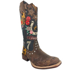 Bota Texana Feminina Goyazes Bico Quadrado Power Couro Dakar Café/Dallas Marinho Bordados Coloridos Ref:263201-CP-01