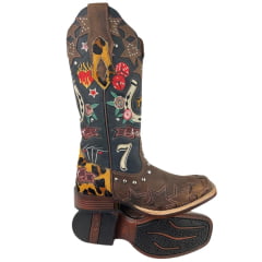 Bota Texana Feminina Goyazes Bico Quadrado Power Couro Dakar Café/Dallas Marinho Bordados Coloridos Ref:263201-CP-01