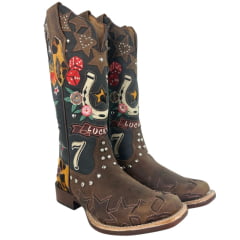 Bota Texana Feminina Goyazes Bico Quadrado Power Couro Dakar Café/Dallas Marinho Bordados Coloridos Ref:263201-CP-01