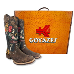 Bota Texana Feminina Goyazes Bico Quadrado Power Couro Dakar Café/Dallas Marinho Bordados Coloridos Ref:263201-CP-01