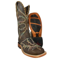 Bota Texana Feminina Goyazes Bico Quadrado Ranch Couro Dallas Tabaco Com Bordado Ref:256407-CC-01