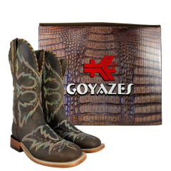 Bota Texana Feminina Goyazes Bico Quadrado Ranch Couro Dallas Tabaco Com Bordado Ref:256407-CC-01