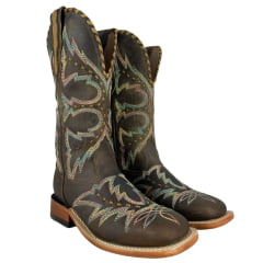 Bota Texana Feminina Goyazes Bico Quadrado Ranch Couro Dallas Tabaco Com Bordado Ref:256407-CC-01