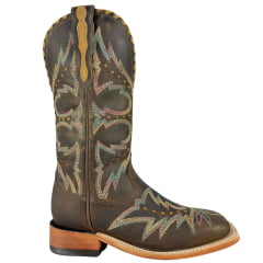 Bota Texana Feminina Goyazes Bico Quadrado Ranch Couro Dallas Tabaco Com Bordado Ref:256407-CC-01