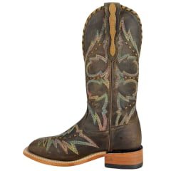 Bota Texana Feminina Goyazes Bico Quadrado Ranch Couro Dallas Tabaco Com Bordado Ref:256407-CC-01
