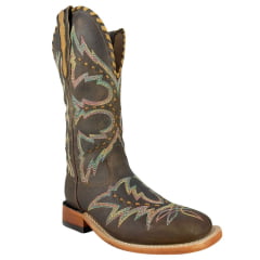 Bota Texana Feminina Goyazes Bico Quadrado Ranch Couro Dallas Tabaco Com Bordado Ref:256407-CC-01