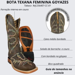 Bota Texana Feminina Goyazes Bico Quadrado Ranch Couro Dallas Tabaco Com Bordado Ref:256407-CC-01