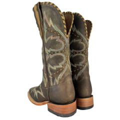 Bota Texana Feminina Goyazes Bico Quadrado Ranch Couro Dallas Tabaco Com Bordado Ref:256407-CC-01