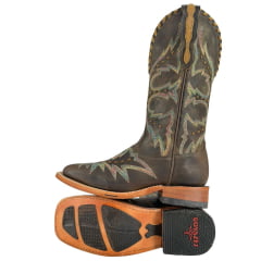 Bota Texana Feminina Goyazes Bico Quadrado Ranch Couro Dallas Tabaco Com Bordado Ref:256407-CC-01