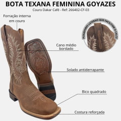 Bota Texana Feminina Goyazes Bico Quadrado Ranch Flare Couro Dakar Café Ref:266402-CF-03