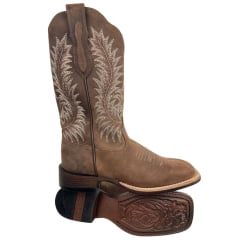 Bota Texana Feminina Goyazes Bico Quadrado Ranch Flare Couro Dakar Café Ref:266402-CF-03