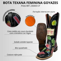 Bota Texana Feminina Goyazes Couro Mustang Preto Bico Quadrado Bordados Coloridos- Ref. 236403-CF