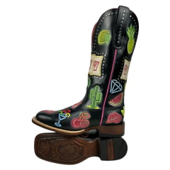 Bota Texana Feminina Goyazes Couro Mustang Preto Bico Quadrado Bordados Coloridos- Ref. 236403-CF