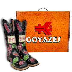 Bota Texana Feminina Goyazes Couro Mustang Preto Bico Quadrado Bordados Coloridos- Ref. 236403-CF