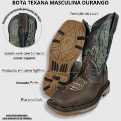 Bota Texana Masculina Marrom Durango Cano Preto Bordado Verde Solado Work