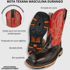 Bota Texana Masculina Marrom Durango Cano Vermelho Bordado Solado Work