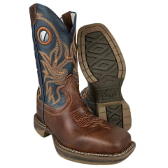 Bota Texana Marrom Masculina Durango Cano Azul Com Bordado Laranja Sola Jump