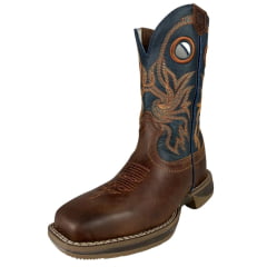 Bota Texana Marrom Masculina Durango Cano Azul Com Bordado Laranja Sola Jump