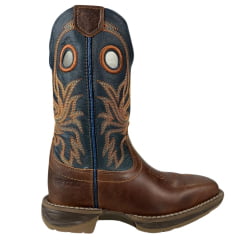 Bota Texana Marrom Masculina Durango Cano Azul Com Bordado Laranja Sola Jump