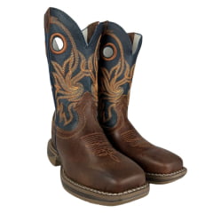 Bota Texana Marrom Masculina Durango Cano Azul Com Bordado Laranja Sola Jump