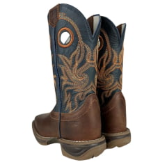 Bota Texana Marrom Masculina Durango Cano Azul Com Bordado Laranja Sola Jump