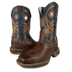 Bota Texana Marrom Masculina Durango Cano Azul Com Bordado Laranja Sola Jump