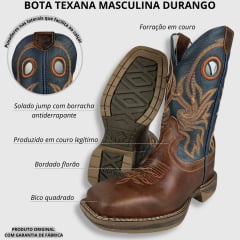 Bota Texana Marrom Masculina Durango Cano Azul Com Bordado Laranja Sola Jump