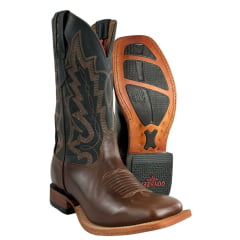 Bota Texana Masculina Goyazes Solado Injetado Couro Pull Up Tan/Dallas Marinho Cano Bordado REF: 253002-CC-01 Bota Texana Masculina Goyazes Solado Injetado Couro Pull Up Tan/Dallas Marinho Cano Bordado REF: 253002-CC-01